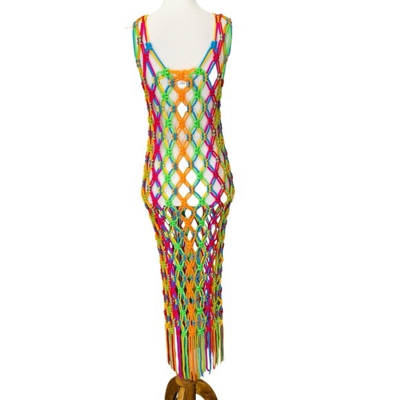 Pitusa Macrame Tassel Dress Rainbow One Size Stretchy Cover Up Beach Vacation - Picture 3 of 11